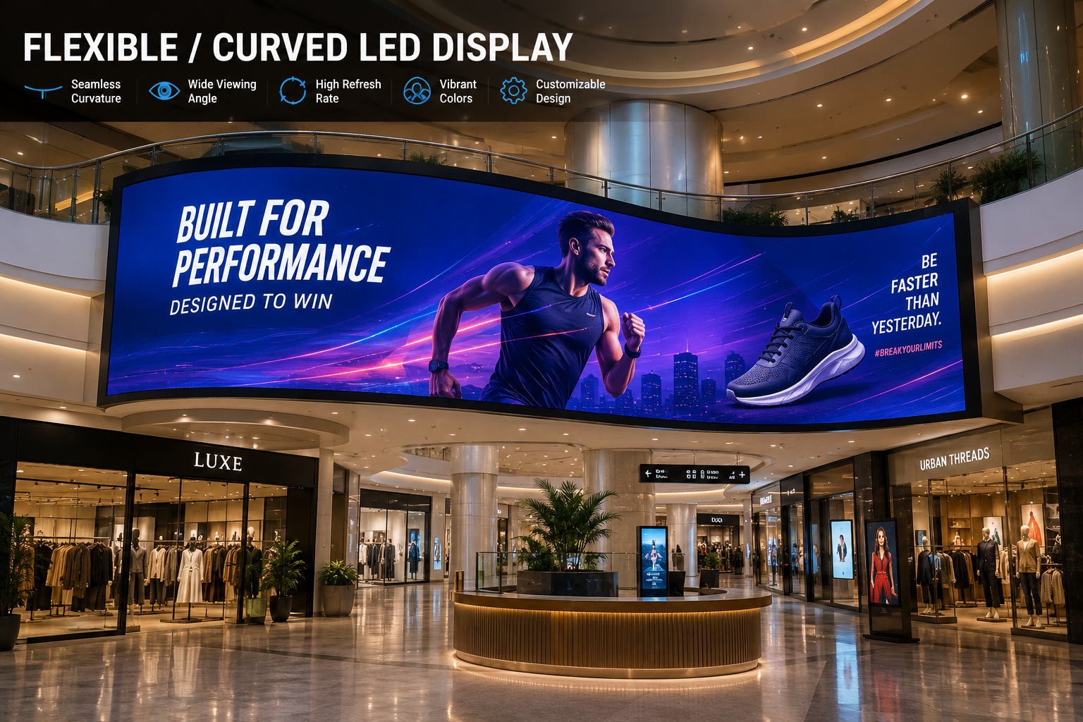 Flexible curved LED display wrapped around a column