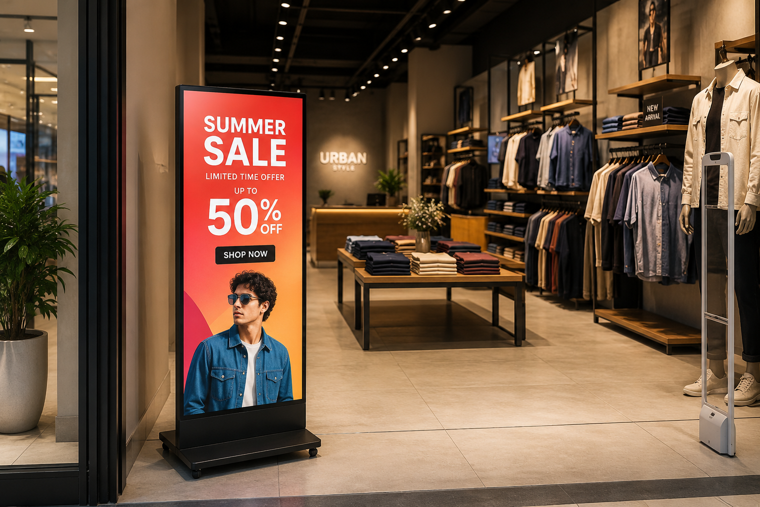 LED poster standee display in a retail lobby