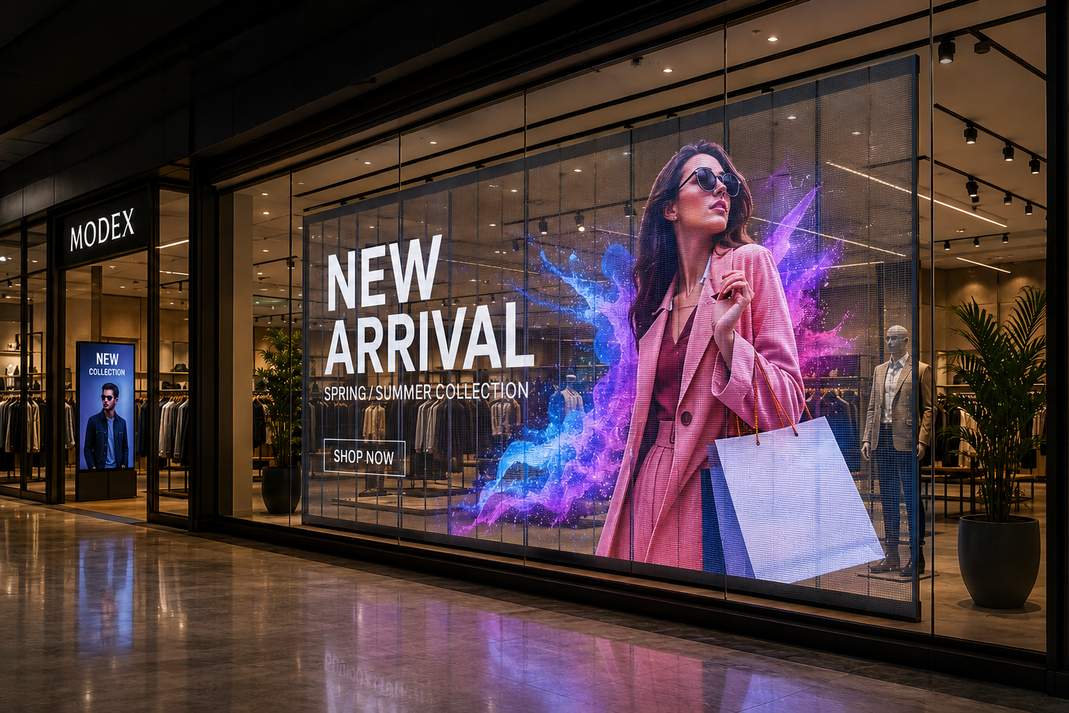 Transparent LED display in a retail storefront